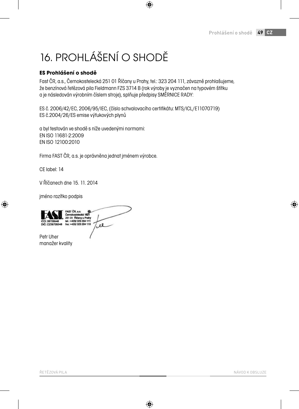 Prohlášení o shodě | Fieldmann FZP 3714-B User Manual | Page 49 / 156