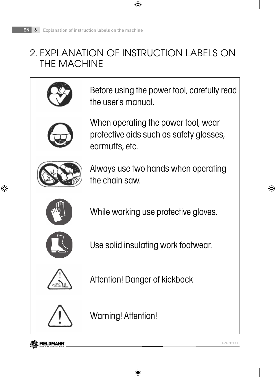 Explanation of instruction labels on the machine | Fieldmann FZP 3714-B User Manual | Page 6 / 156