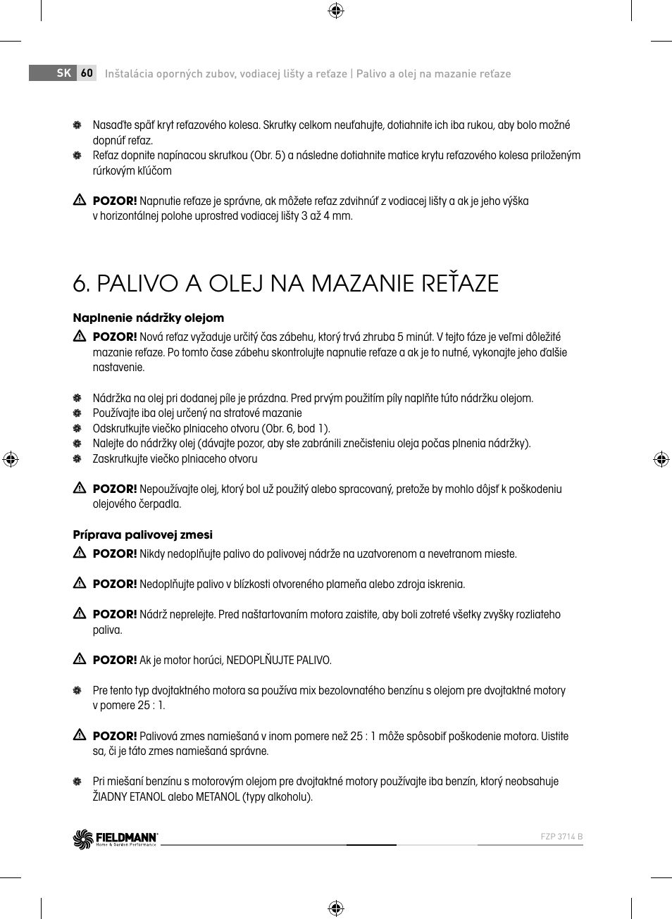 Palivo a olej na mazanie reťaze | Fieldmann FZP 3714-B User Manual | Page 60 / 156