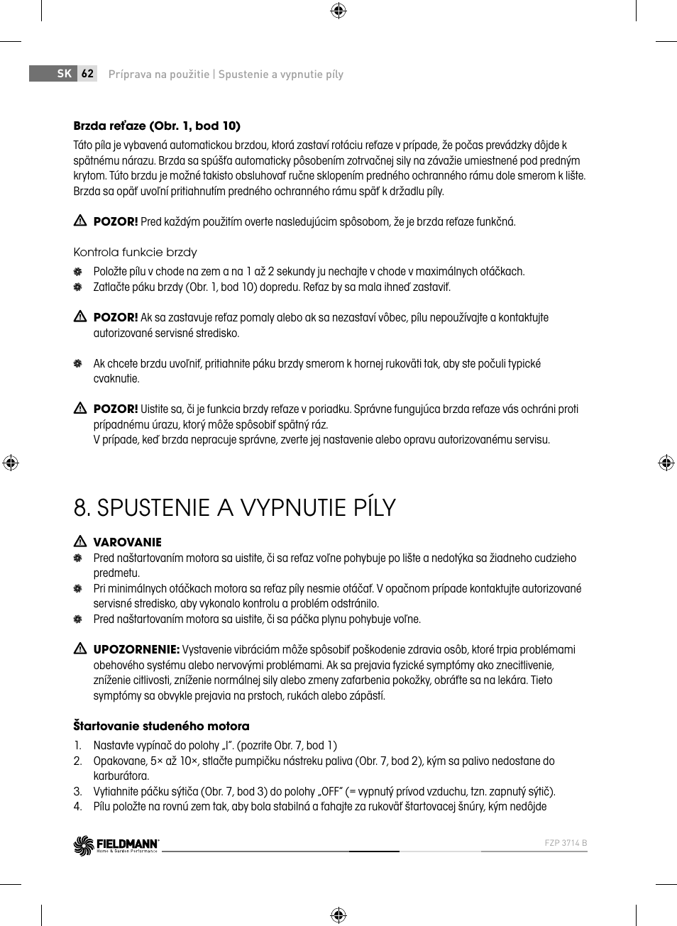 Spustenie a vypnutie píly | Fieldmann FZP 3714-B User Manual | Page 62 / 156