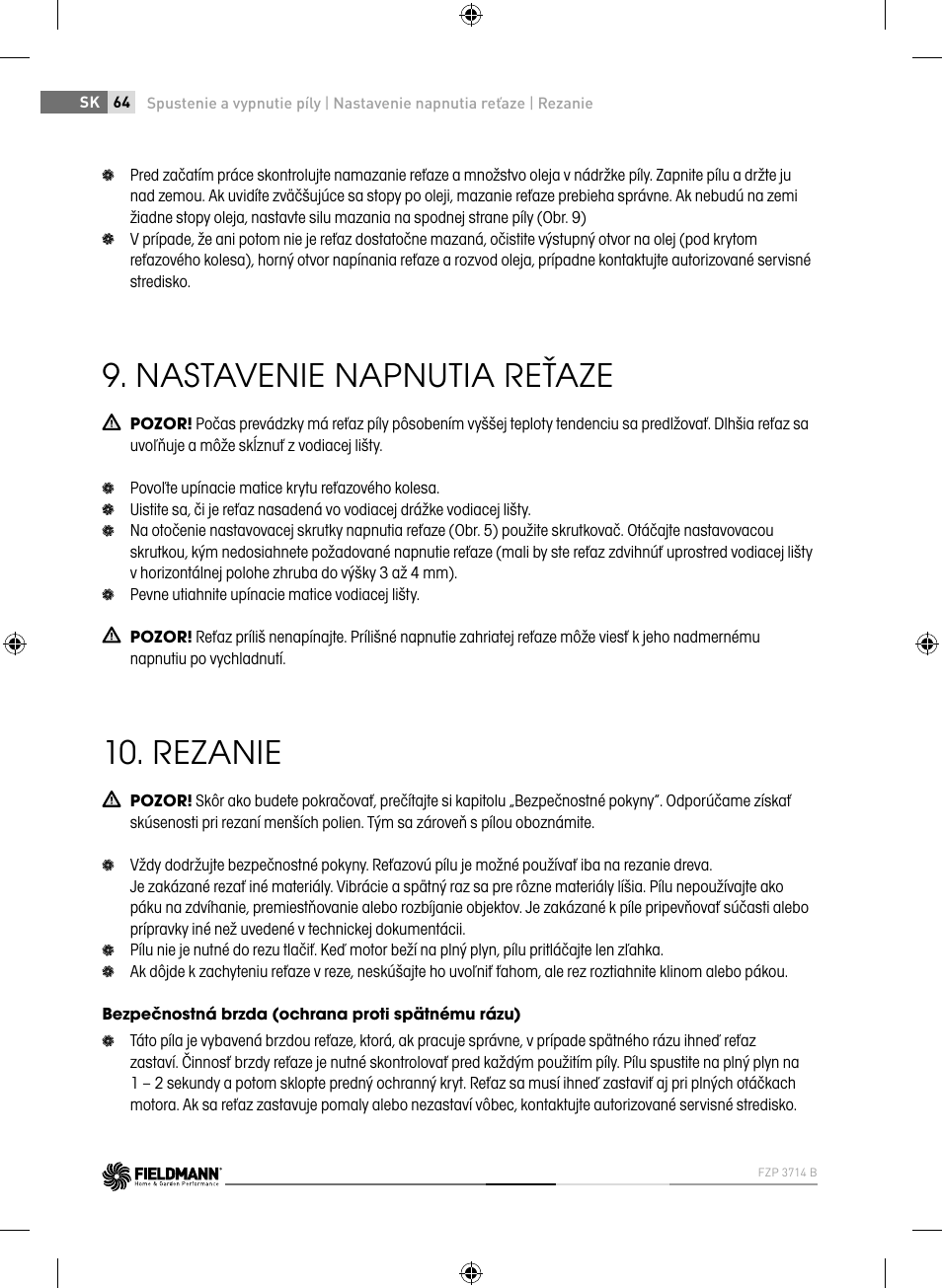 Nastavenie napnutia reťaze, Rezanie | Fieldmann FZP 3714-B User Manual | Page 64 / 156