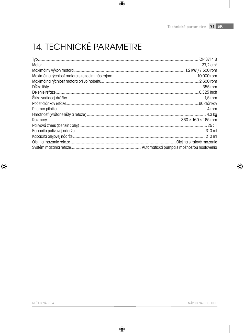 Technické parametre | Fieldmann FZP 3714-B User Manual | Page 71 / 156