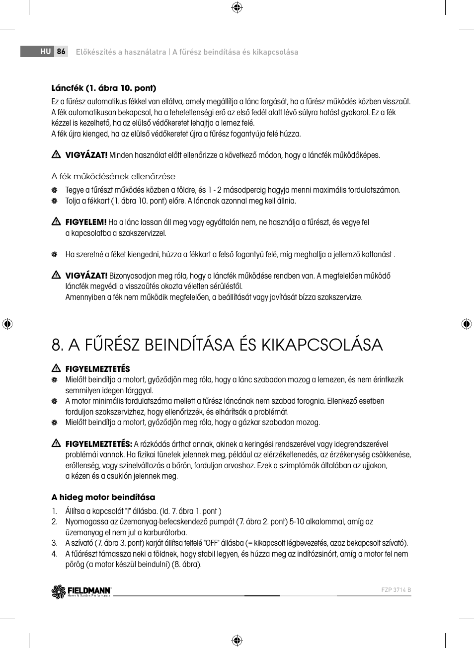 A fűrész beindítása és kikapcsolása | Fieldmann FZP 3714-B User Manual | Page 86 / 156