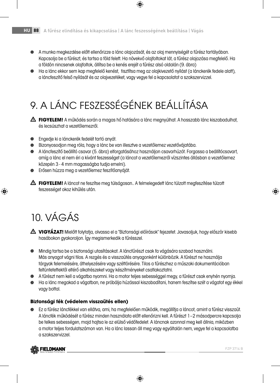 A lánc feszességének beállítása, Vágás | Fieldmann FZP 3714-B User Manual | Page 88 / 156