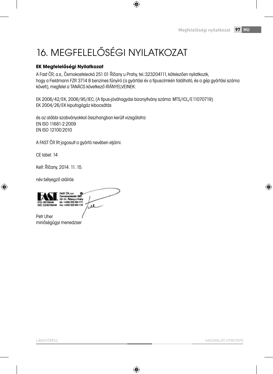 Megfelelőségi nyilatkozat | Fieldmann FZP 3714-B User Manual | Page 97 / 156