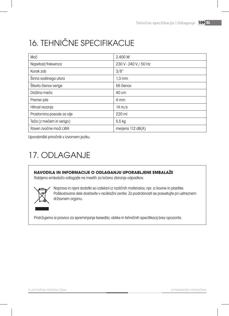 Tehnične specifikacije, Odlaganje | Fieldmann FZP 2020-E User Manual | Page 109 / 120
