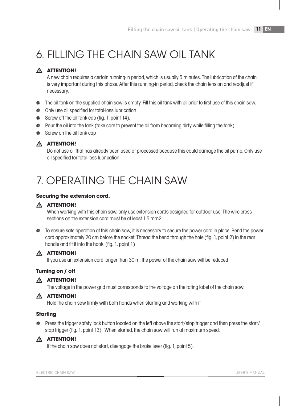 Filling the chain saw oil tank, Operating the chain saw | Fieldmann FZP 2020-E User Manual | Page 11 / 120