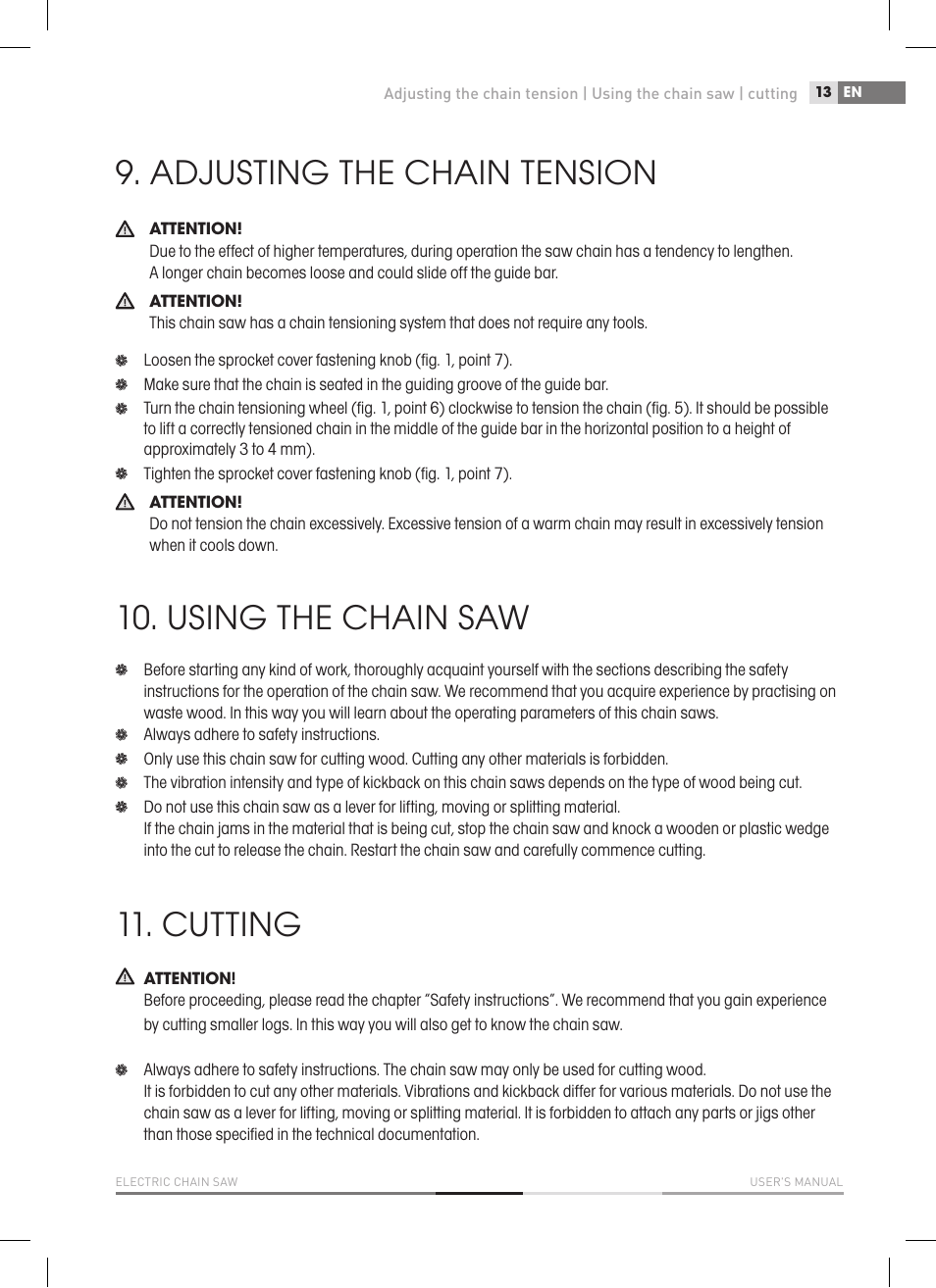 Adjusting the chain tension, Using the chain saw, Cutting | Fieldmann FZP 2020-E User Manual | Page 13 / 120