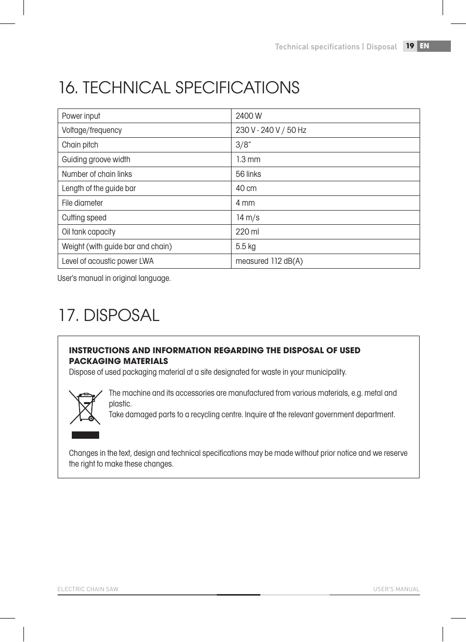 Technical specifications, Disposal | Fieldmann FZP 2020-E User Manual | Page 19 / 120