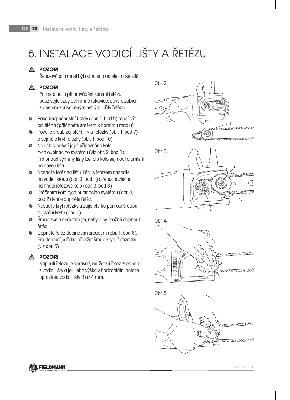 Instalace vodicí lišty a řetězu | Fieldmann FZP 2020-E User Manual | Page 28 / 120