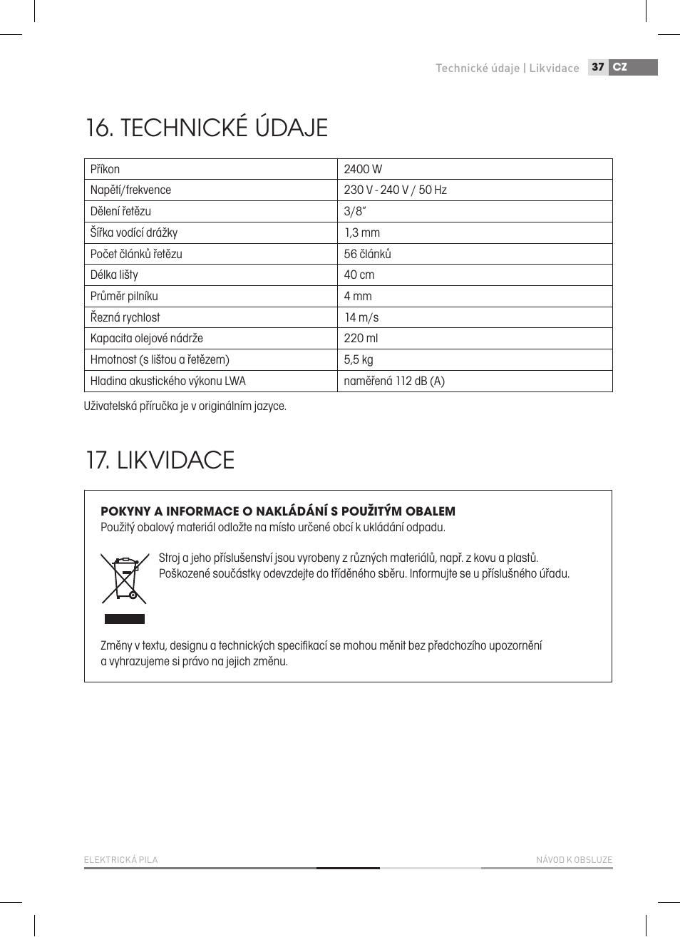Technické údaje, Likvidace | Fieldmann FZP 2020-E User Manual | Page 37 / 120