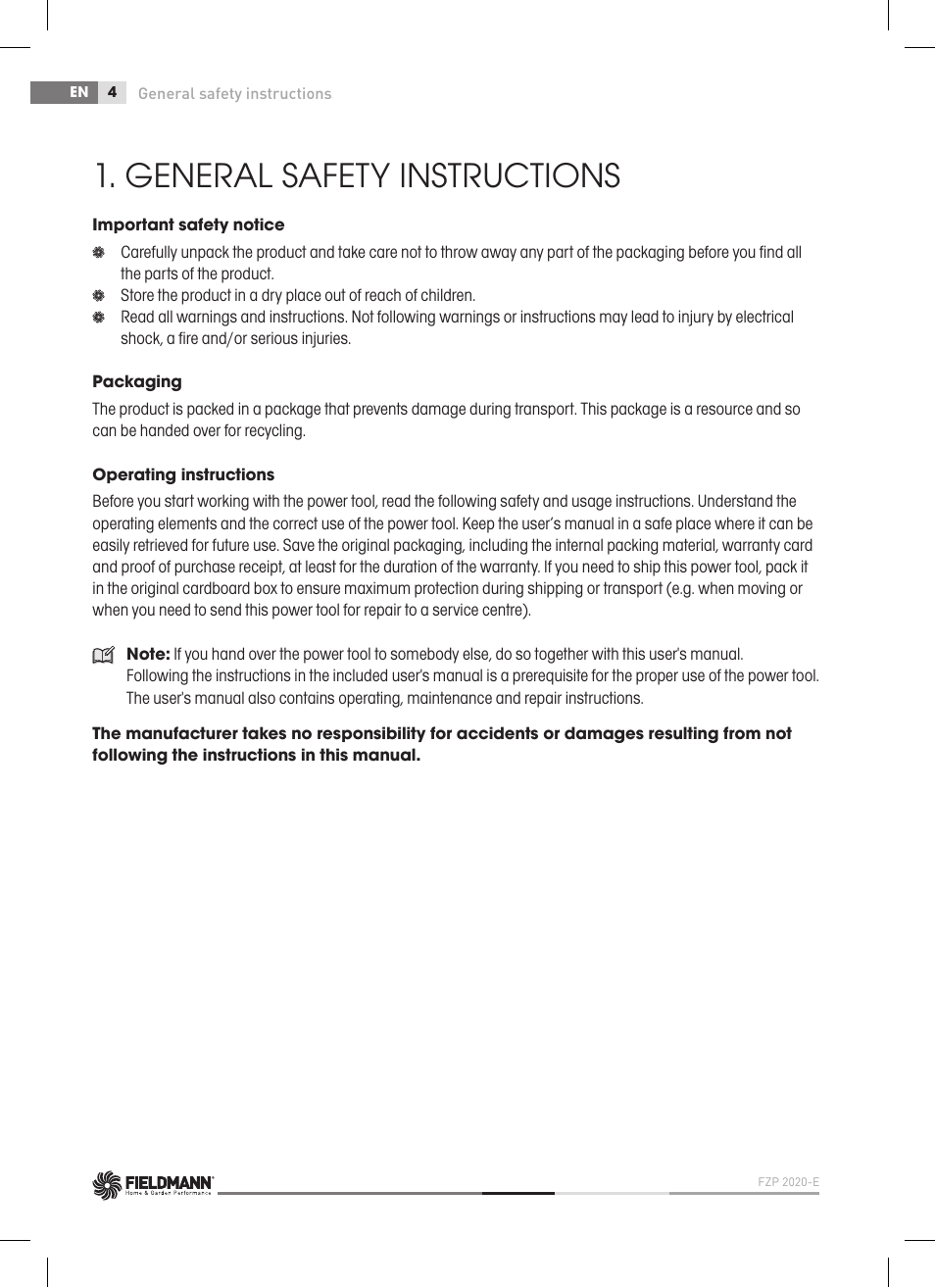 General safety instructions | Fieldmann FZP 2020-E User Manual | Page 4 / 120
