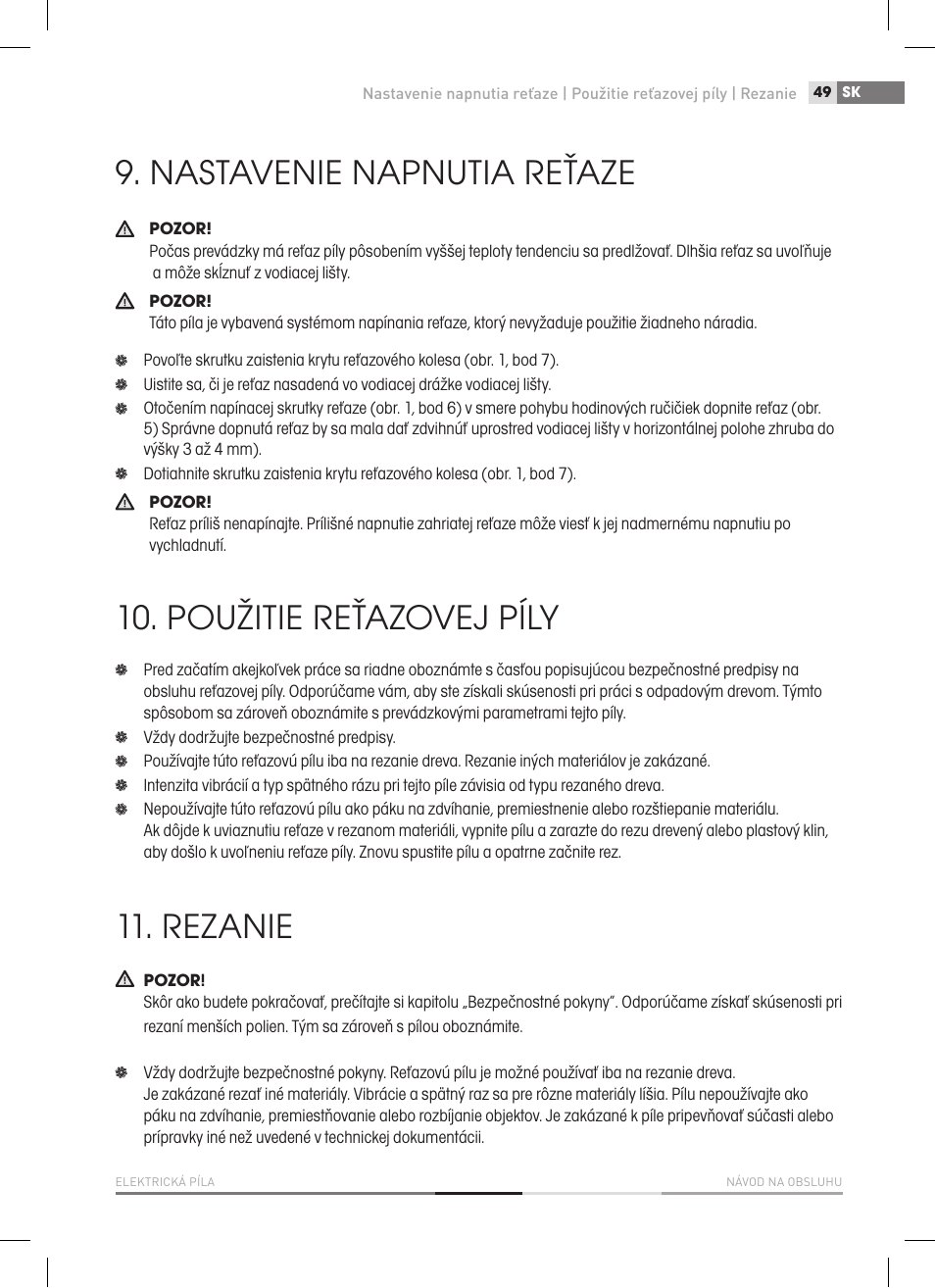 Nastavenie napnutia reťaze, Použitie reťazovej píly, Rezanie | Fieldmann FZP 2020-E User Manual | Page 49 / 120