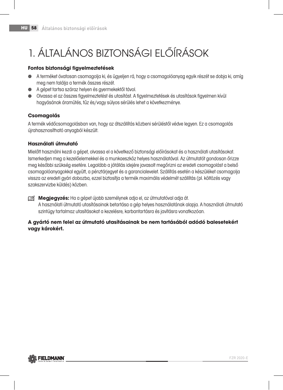 Általános biztonsági előírások | Fieldmann FZP 2020-E User Manual | Page 58 / 120