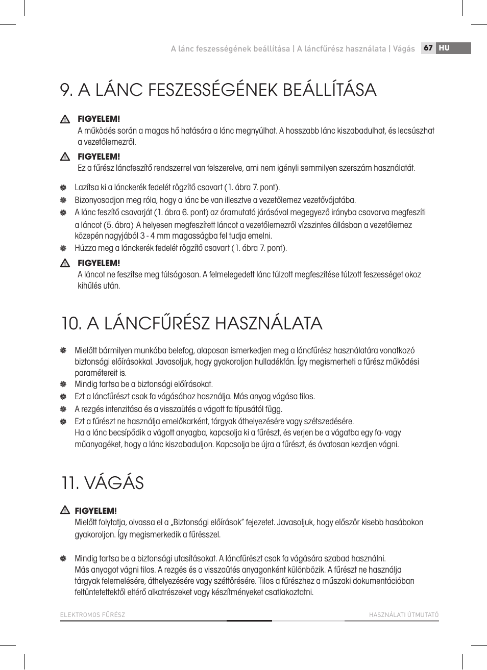 A lánc feszességének beállítása, A láncfűrész használata, Vágás | Fieldmann FZP 2020-E User Manual | Page 67 / 120