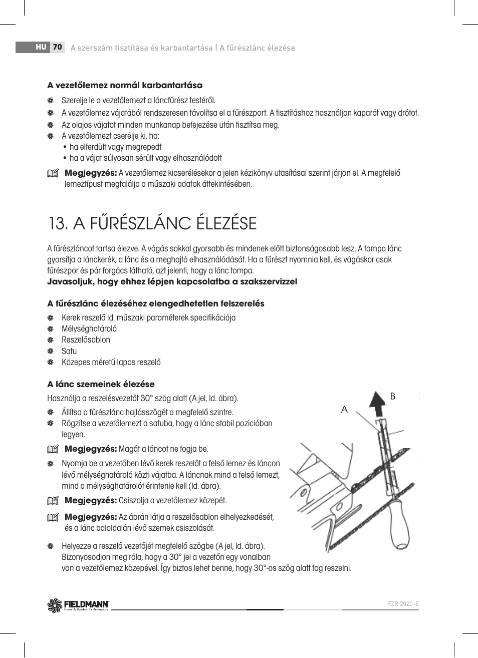 A fűrészlánc élezése | Fieldmann FZP 2020-E User Manual | Page 70 / 120