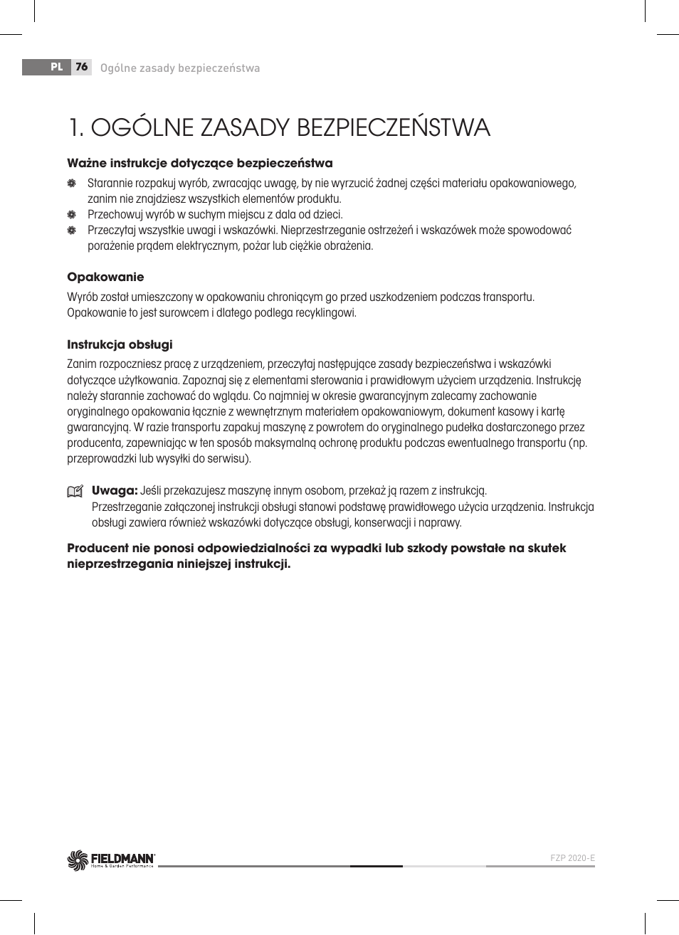 Ogólne zasady bezpieczeństwa | Fieldmann FZP 2020-E User Manual | Page 76 / 120