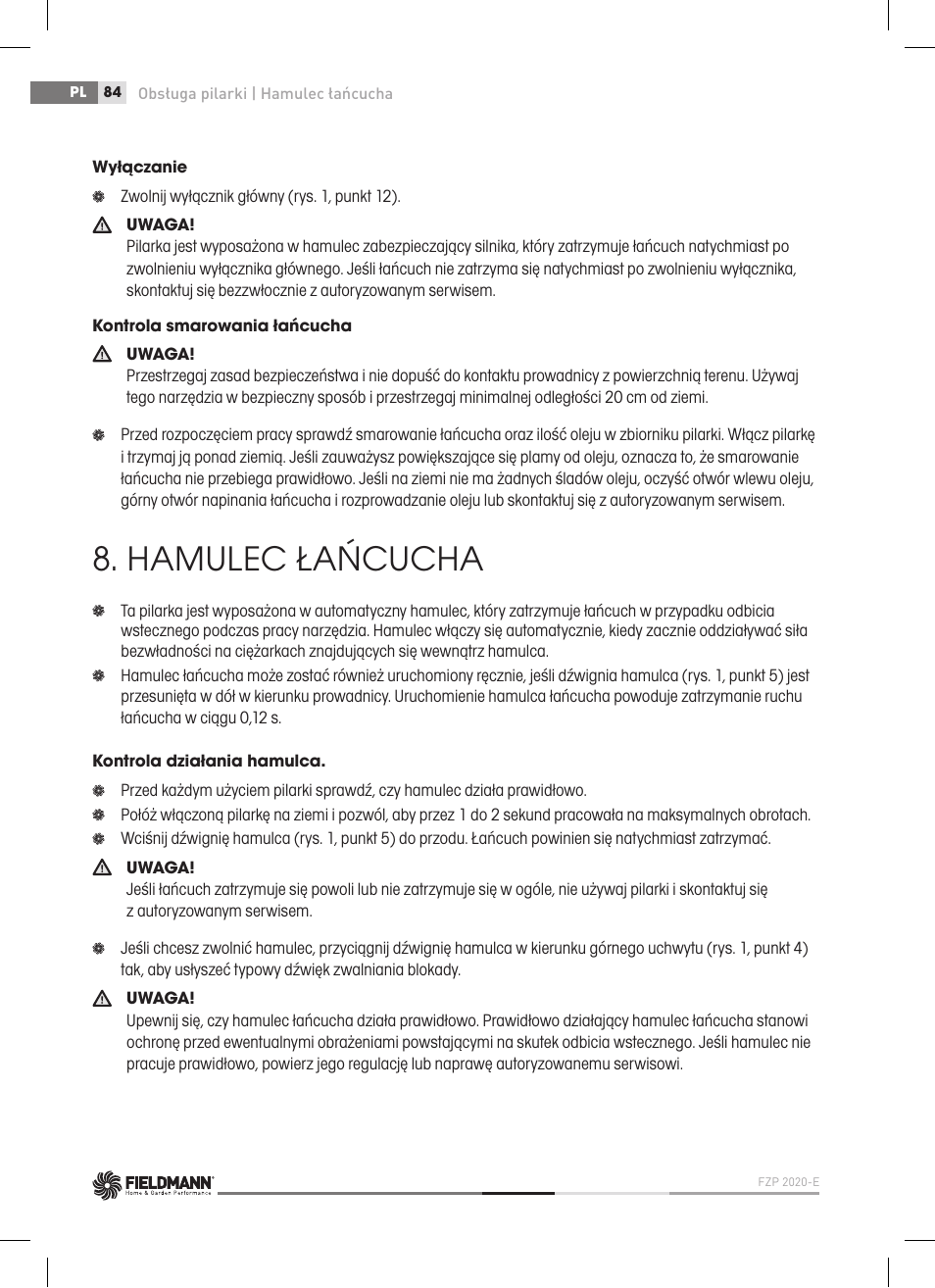 Hamulec łańcucha | Fieldmann FZP 2020-E User Manual | Page 84 / 120