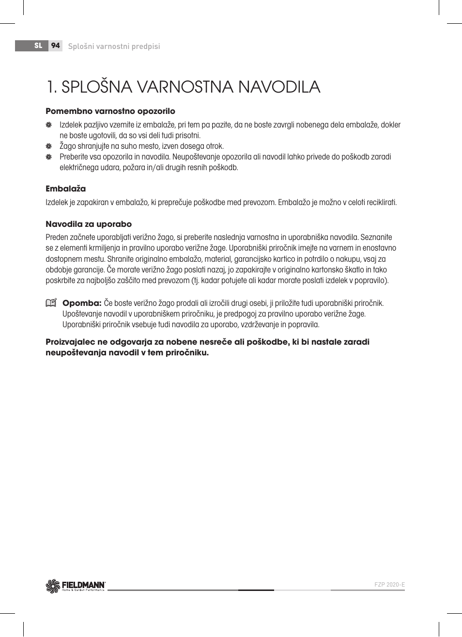 Splošna varnostna navodila | Fieldmann FZP 2020-E User Manual | Page 94 / 120