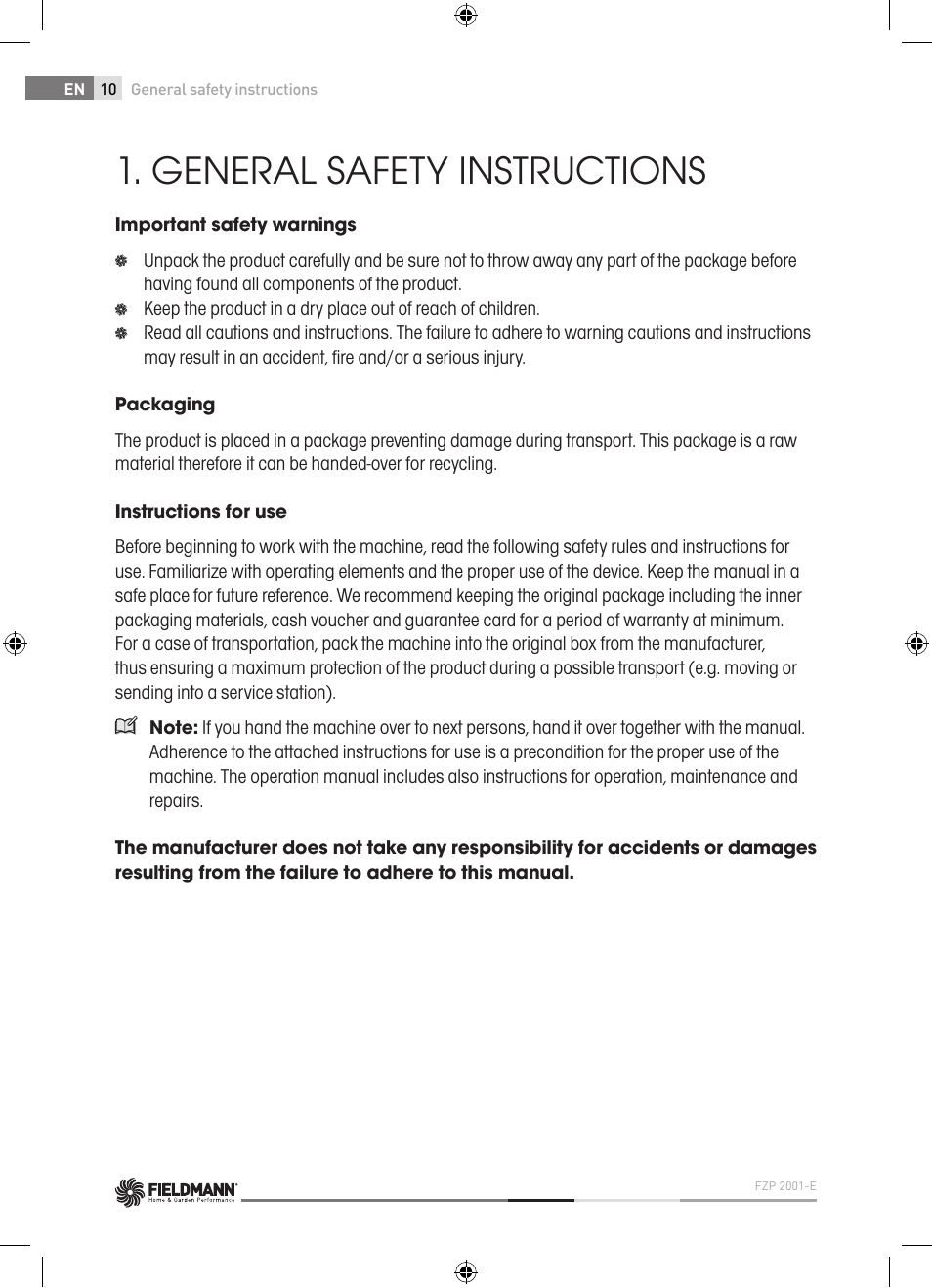 General safety instructions | Fieldmann FZP 2001-E User Manual | Page 10 / 134