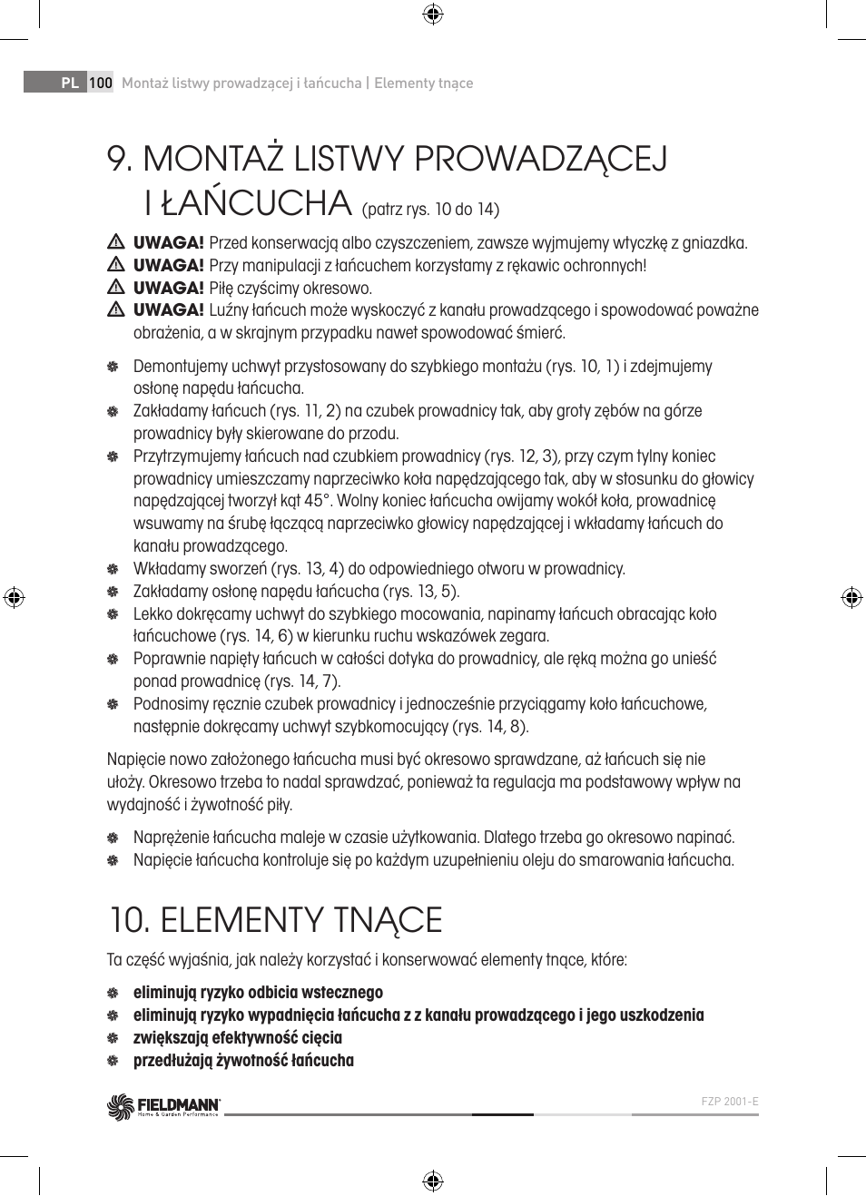 Montaż listwy prowadzącej i łańcucha, Elementy tnące | Fieldmann FZP 2001-E User Manual | Page 100 / 134