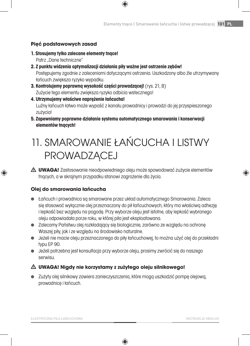 Smarowanie łańcucha i listwy prowadzącej | Fieldmann FZP 2001-E User Manual | Page 101 / 134