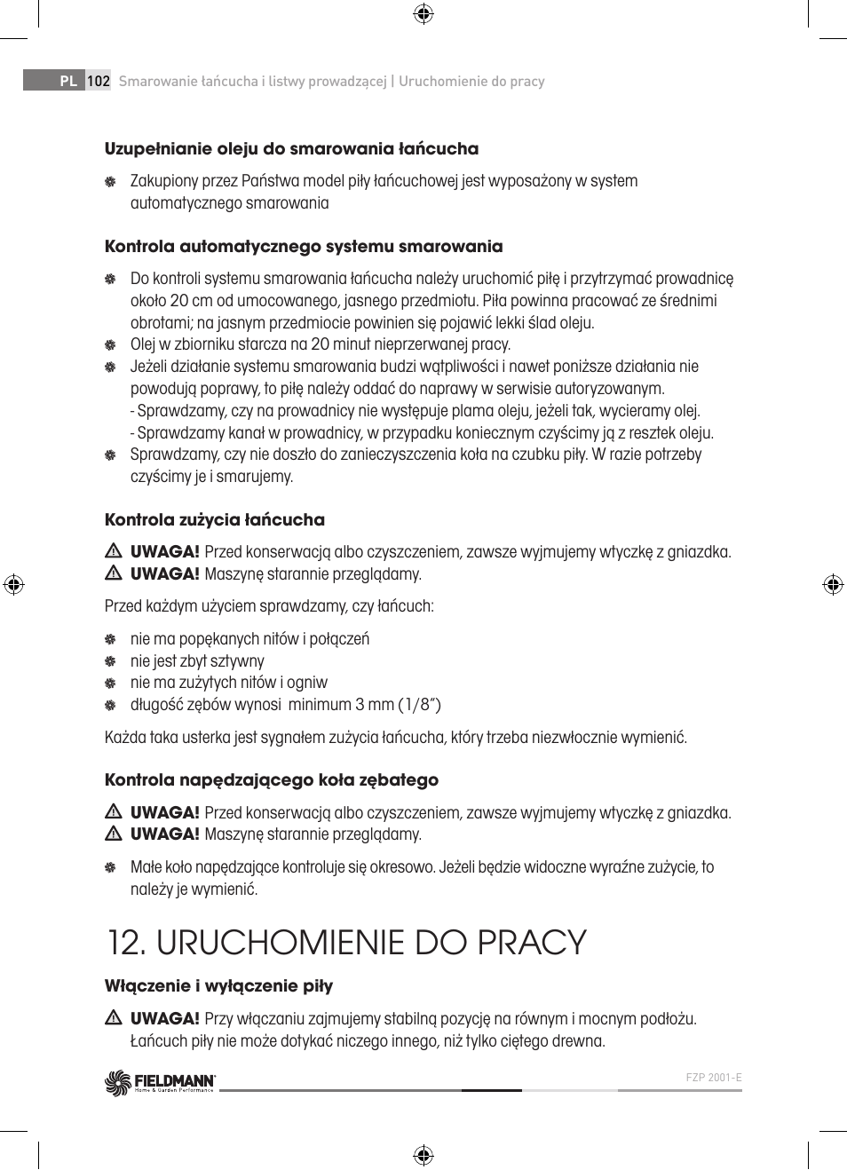 Uruchomienie do pracy | Fieldmann FZP 2001-E User Manual | Page 102 / 134