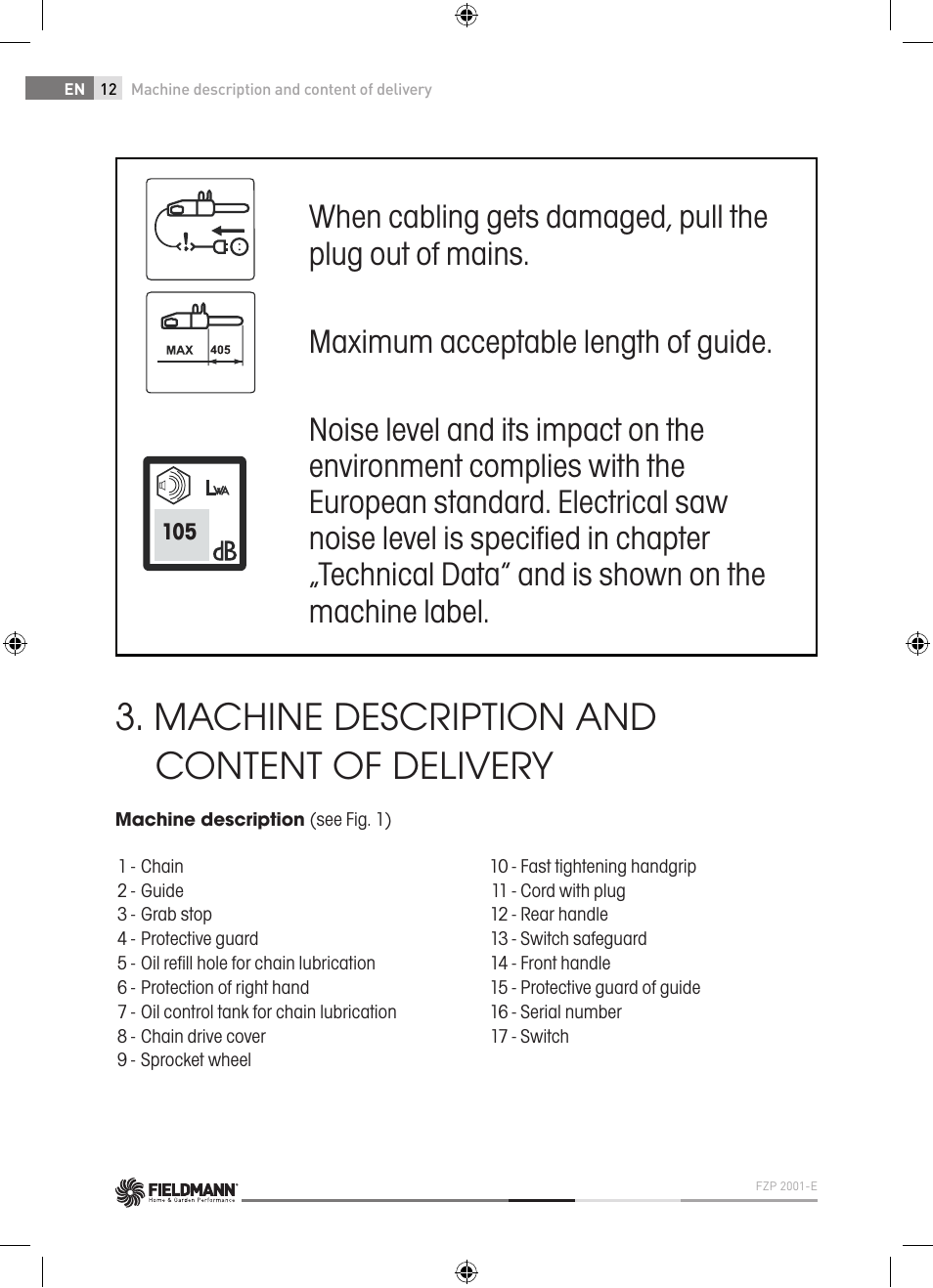 Machine description and content of delivery | Fieldmann FZP 2001-E User Manual | Page 12 / 134