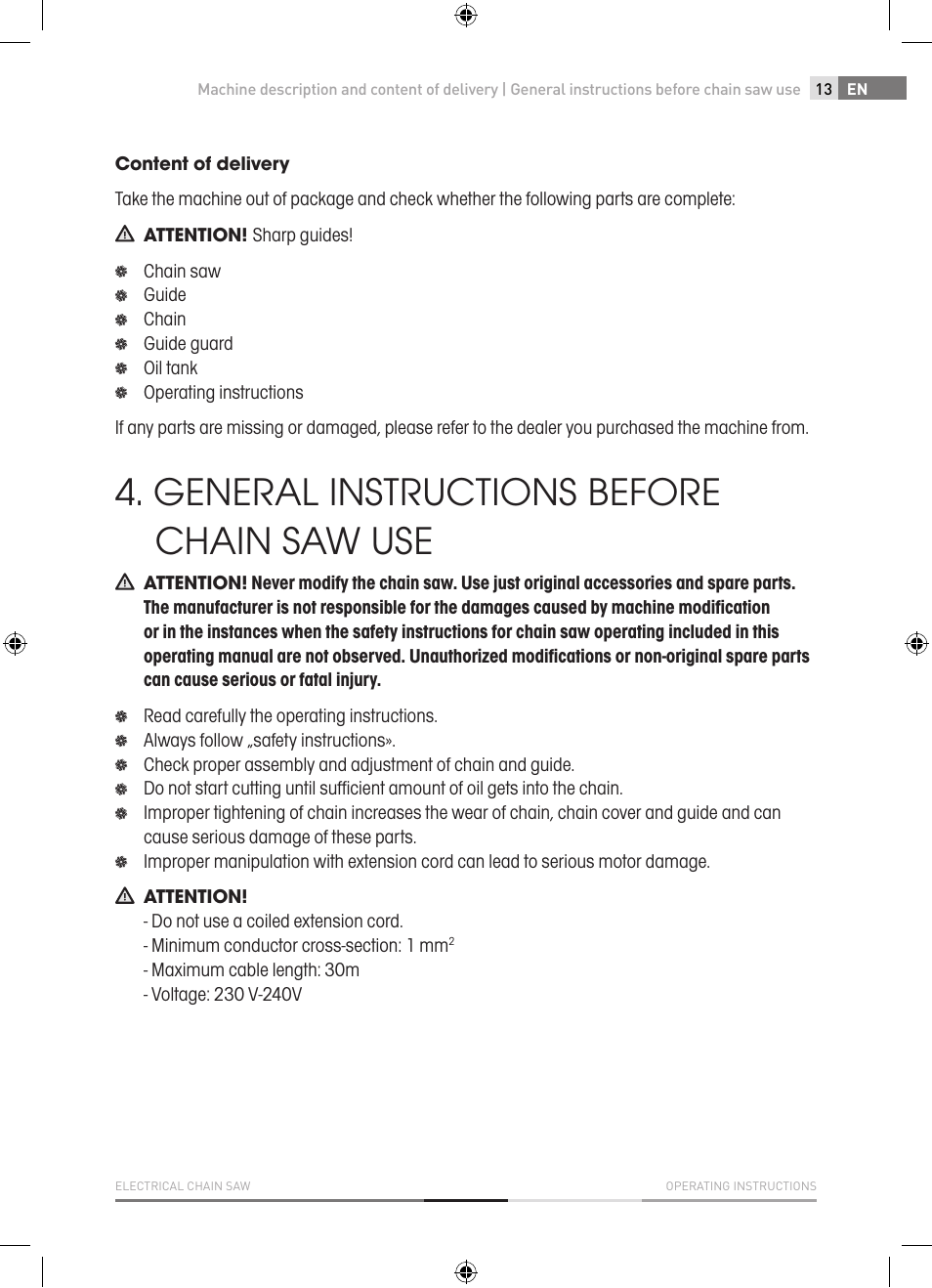 General instructions before chain saw use | Fieldmann FZP 2001-E User Manual | Page 13 / 134