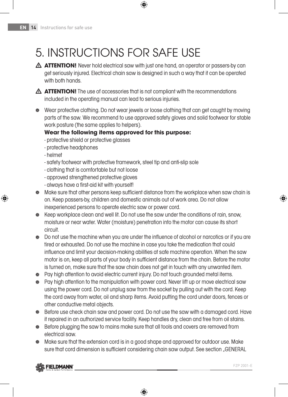 Instructions for safe use | Fieldmann FZP 2001-E User Manual | Page 14 / 134