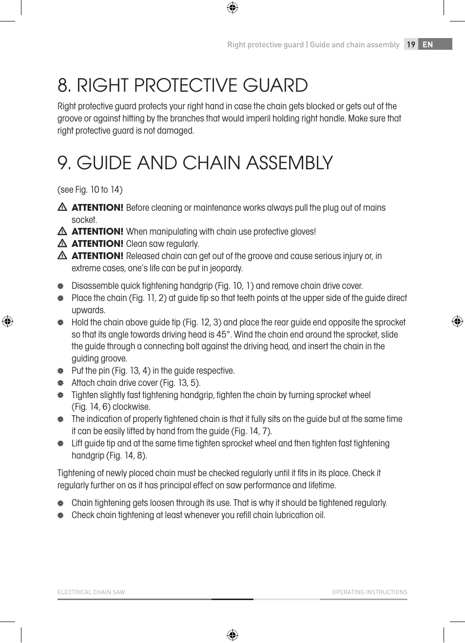 Right protective guard, Guide and chain assembly | Fieldmann FZP 2001-E User Manual | Page 19 / 134