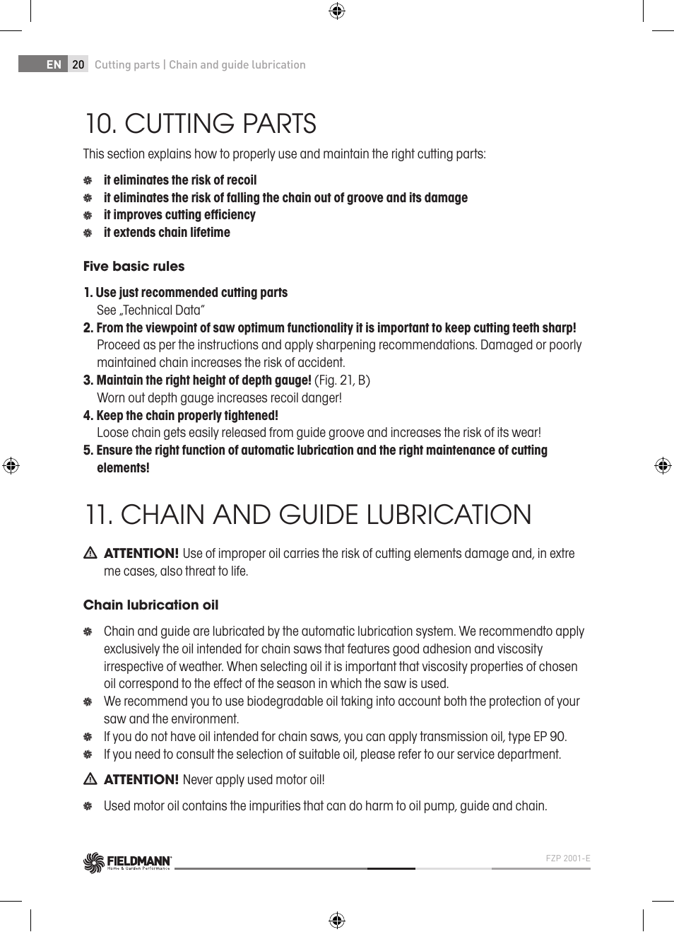 Cutting parts, Chain and guide lubrication | Fieldmann FZP 2001-E User Manual | Page 20 / 134