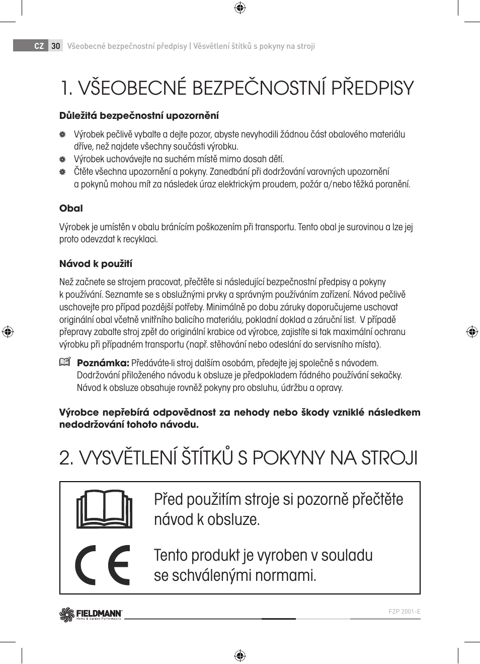 Všeobecné bezpečnostní předpisy, Vysvětlení štítků s pokyny na stroji | Fieldmann FZP 2001-E User Manual | Page 30 / 134