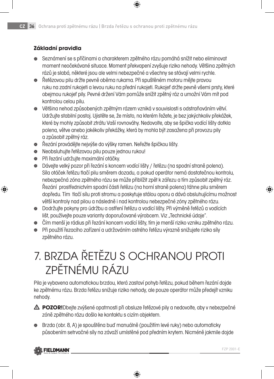 Brzda řetězu s ochranou proti zpětnému rázu | Fieldmann FZP 2001-E User Manual | Page 36 / 134