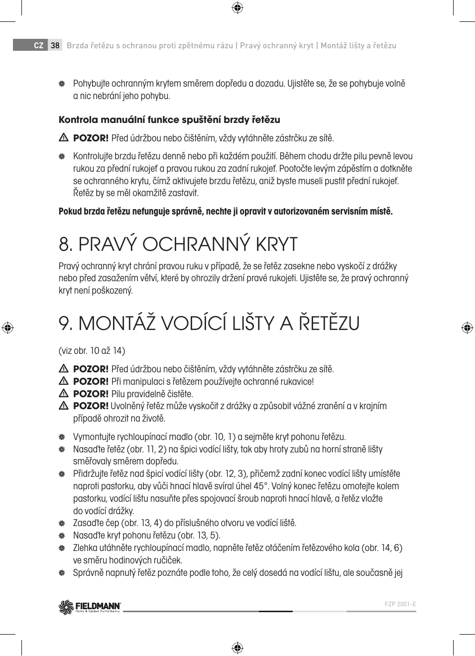 Pravý ochranný kryt, Montáž vodící lišty a řetězu | Fieldmann FZP 2001-E User Manual | Page 38 / 134