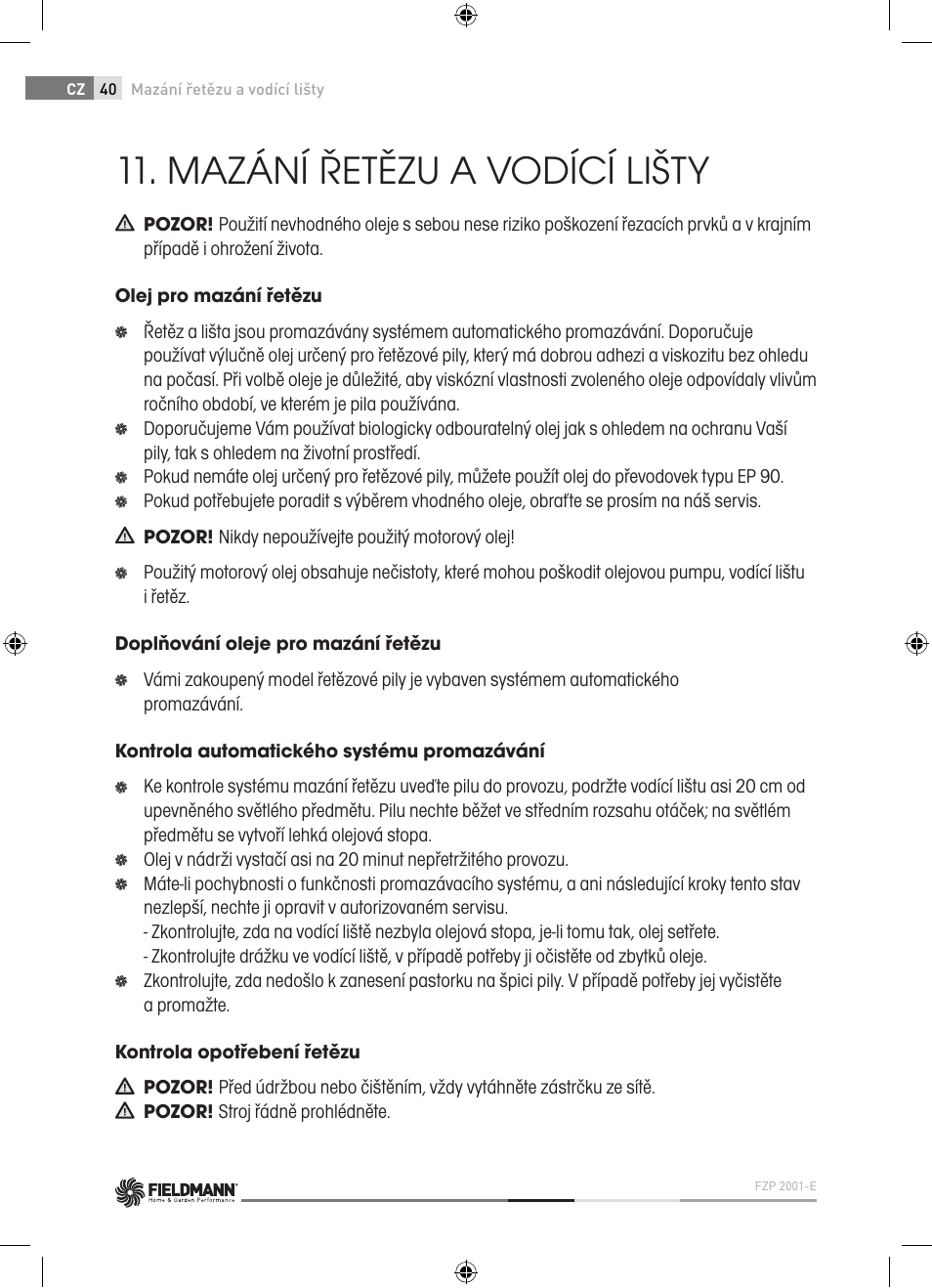 Mazání řetězu a vodící lišty | Fieldmann FZP 2001-E User Manual | Page 40 / 134
