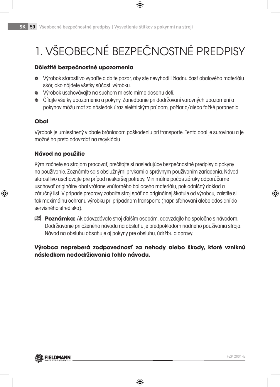 Všeobecné bezpečnostné predpisy | Fieldmann FZP 2001-E User Manual | Page 50 / 134