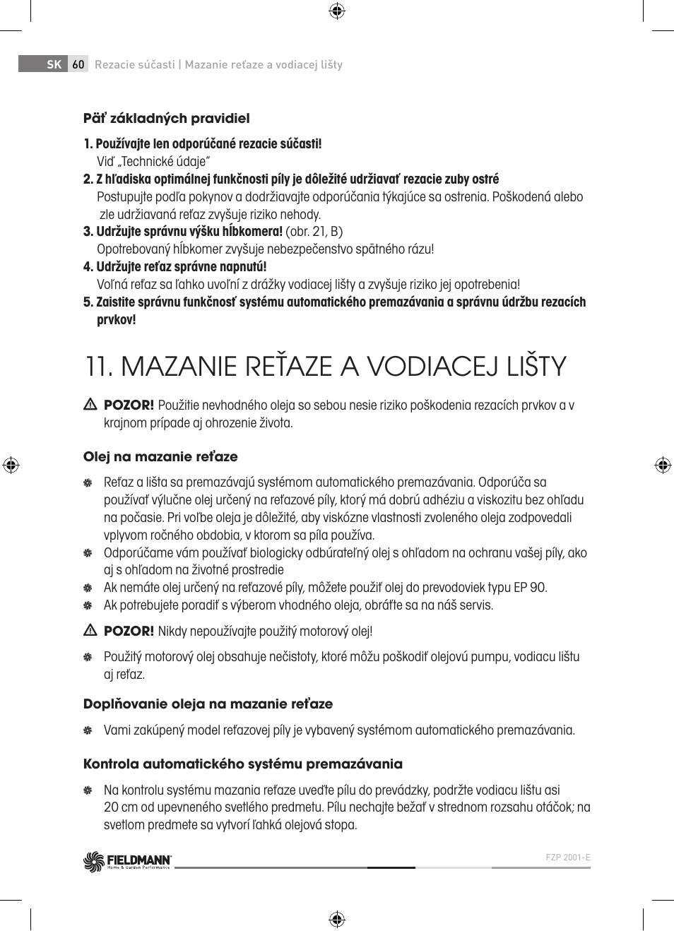 Mazanie reťaze a vodiacej lišty | Fieldmann FZP 2001-E User Manual | Page 60 / 134