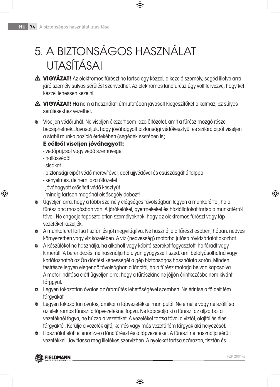 A biztonságos használat utasításai | Fieldmann FZP 2001-E User Manual | Page 74 / 134