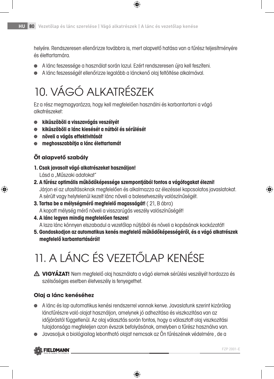 Vágó alkatrészek, A lánc és vezetőlap kenése | Fieldmann FZP 2001-E User Manual | Page 80 / 134