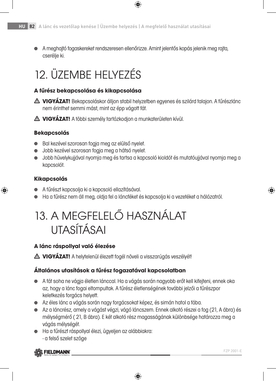 Üzembe helyezés, A megfelelő használat utasításai | Fieldmann FZP 2001-E User Manual | Page 82 / 134