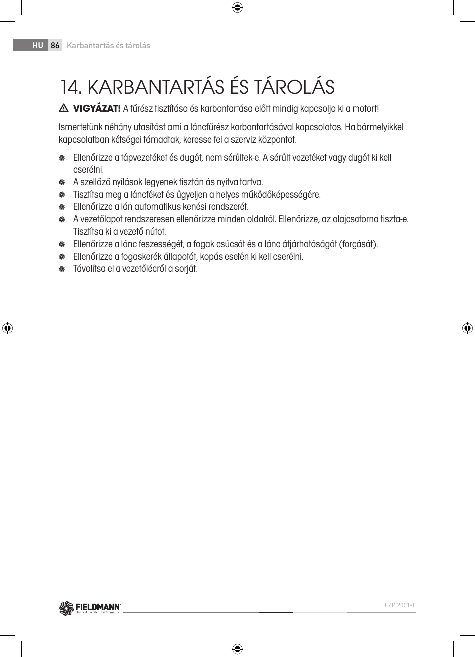 Karbantartás és tárolás | Fieldmann FZP 2001-E User Manual | Page 86 / 134