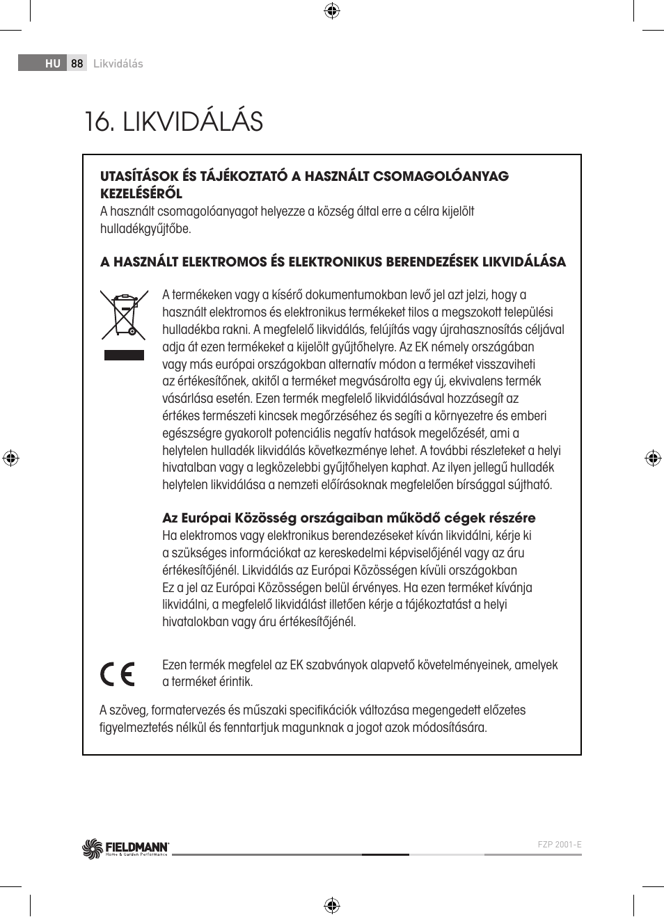 Likvidálás | Fieldmann FZP 2001-E User Manual | Page 88 / 134