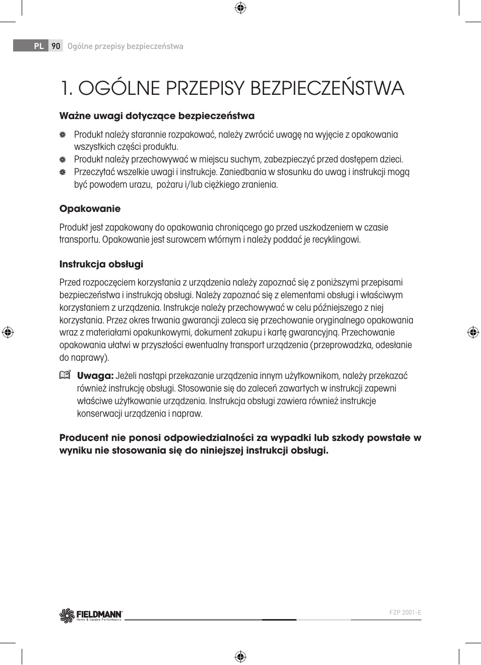 Ogólne przepisy bezpieczeństwa | Fieldmann FZP 2001-E User Manual | Page 90 / 134