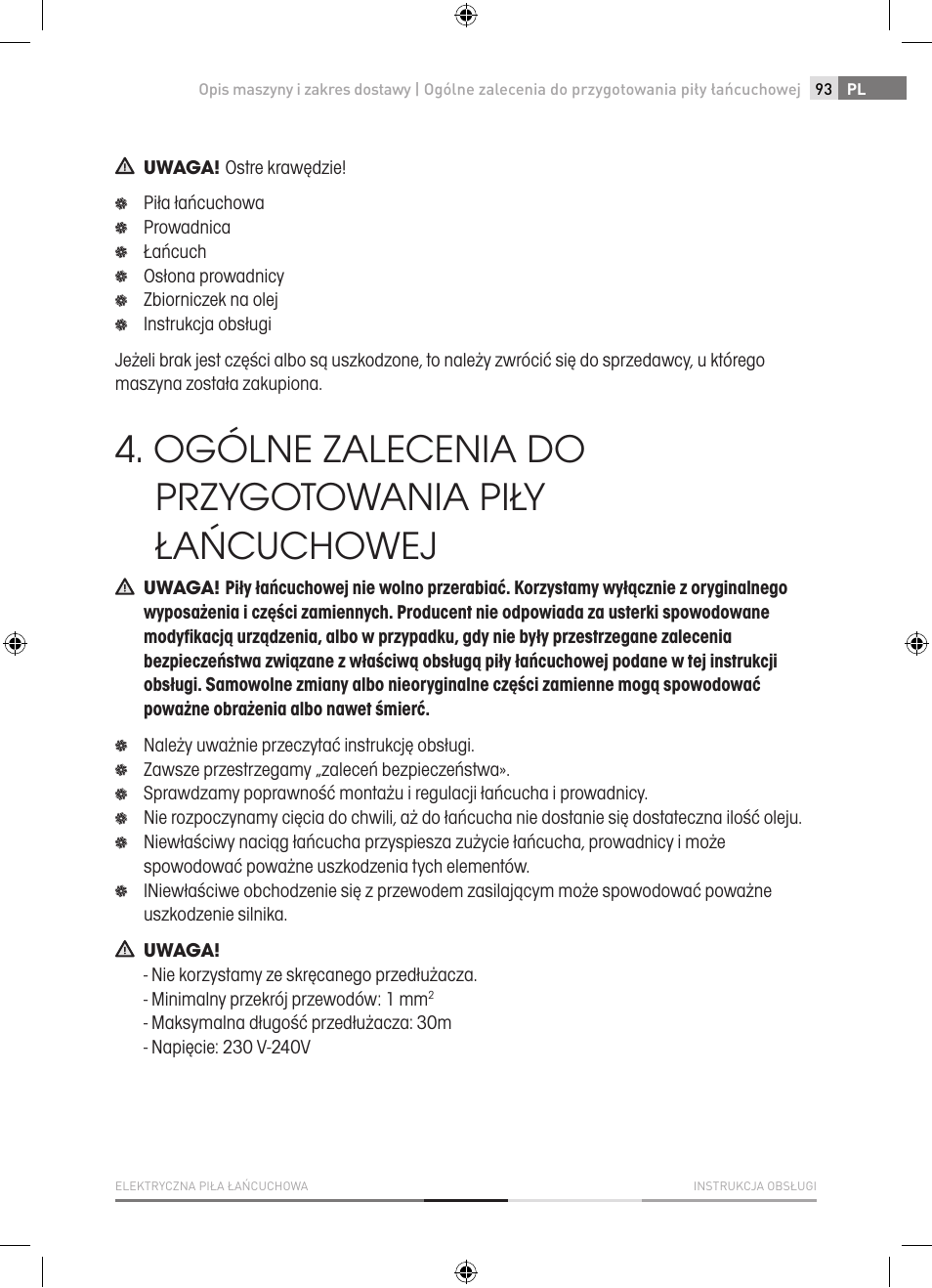Ogólne zalecenia do przygotowania piły łańcuchowej | Fieldmann FZP 2001-E User Manual | Page 93 / 134