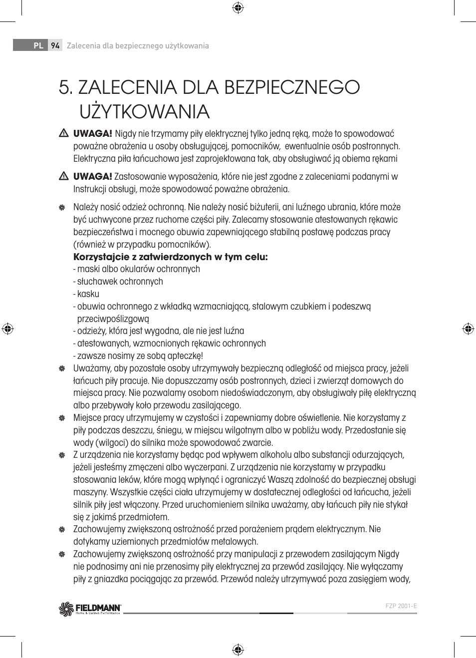 Zalecenia dla bezpiecznego użytkowania | Fieldmann FZP 2001-E User Manual | Page 94 / 134