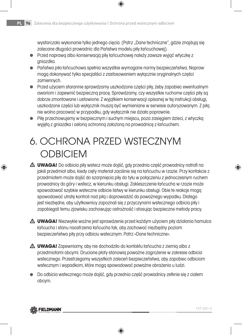 Ochrona przed wstecznym odbiciem | Fieldmann FZP 2001-E User Manual | Page 96 / 134