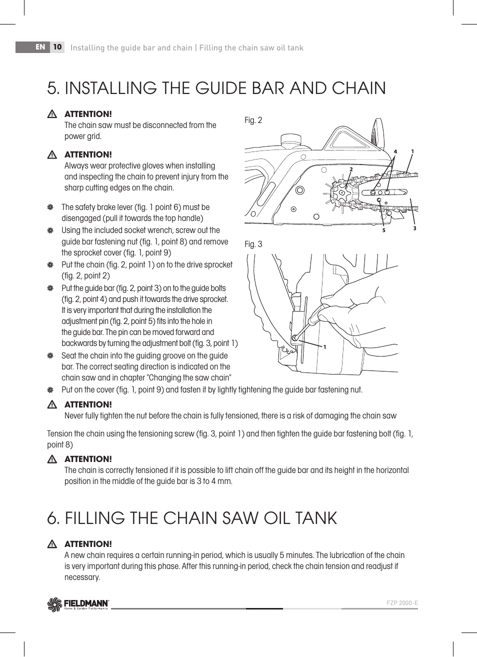 Installing the guide bar and chain, Filling the chain saw oil tank | Fieldmann FZP 2000-E User Manual | Page 10 / 120