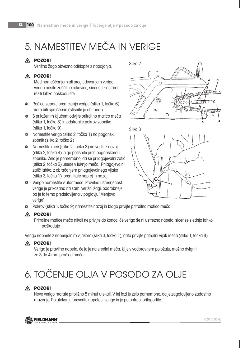 Namestitev meča in verige, Točenje olja v posodo za olje | Fieldmann FZP 2000-E User Manual | Page 100 / 120
