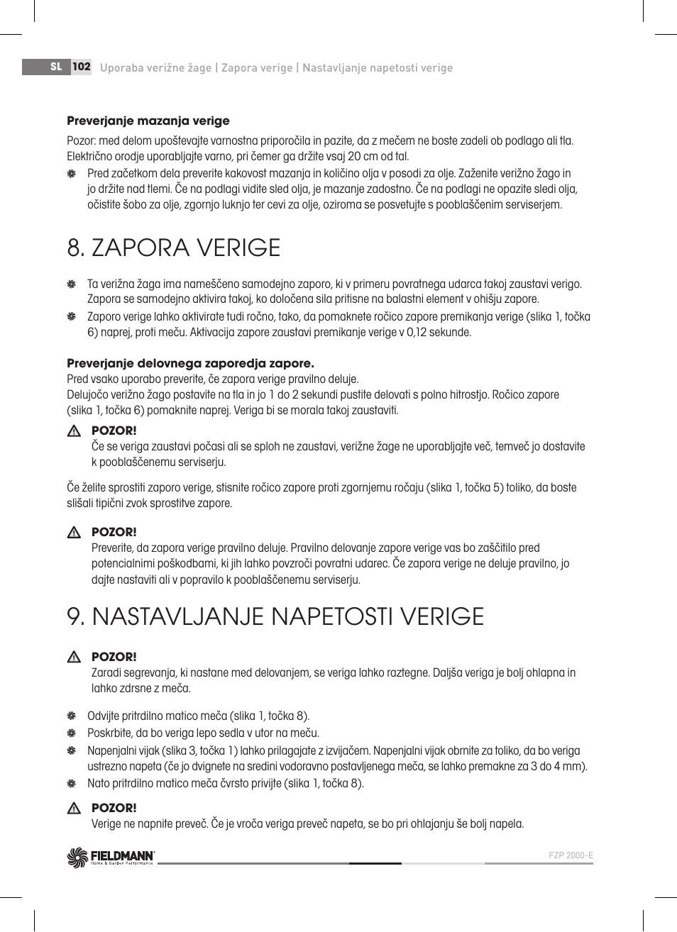 Zapora verige, Nastavljanje napetosti verige | Fieldmann FZP 2000-E User Manual | Page 102 / 120